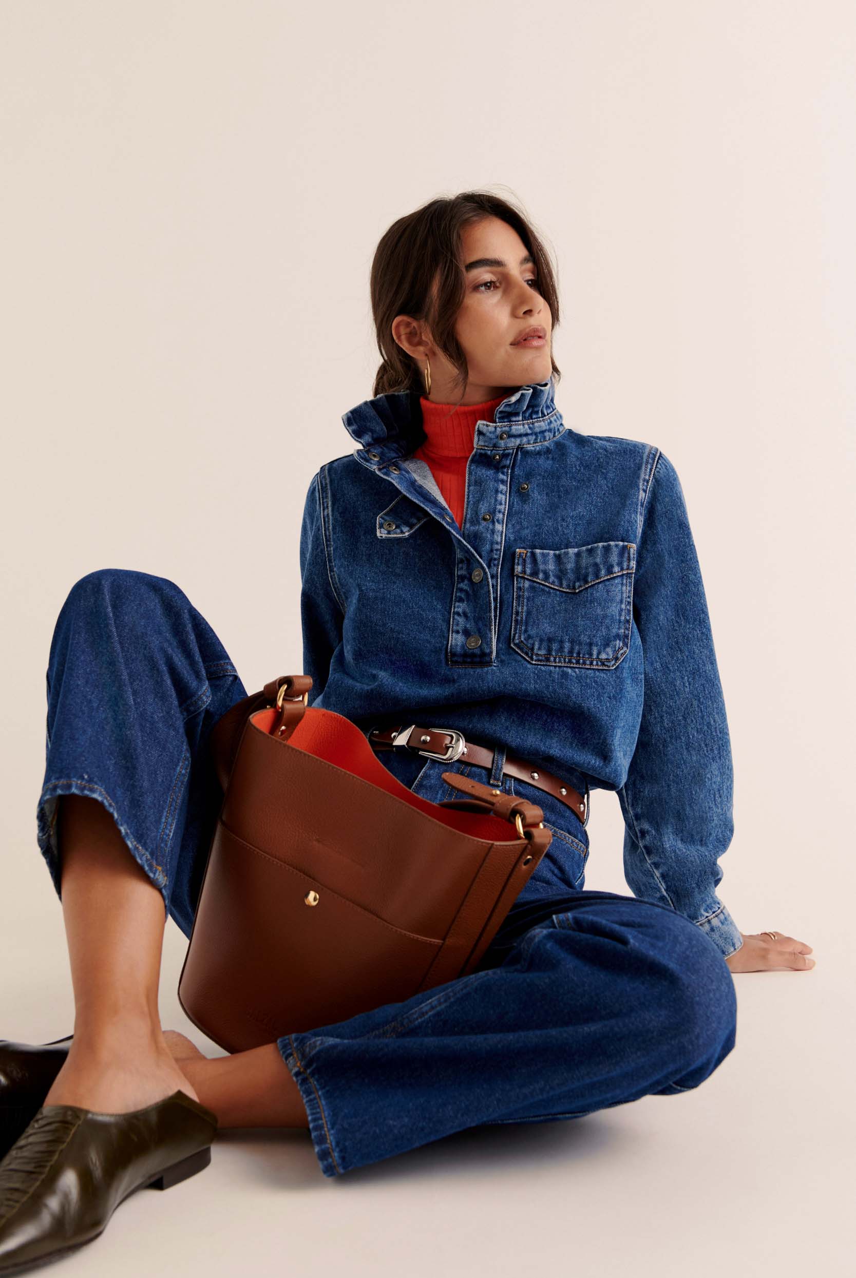 Sac Sofia grainé cognac intérieur orange