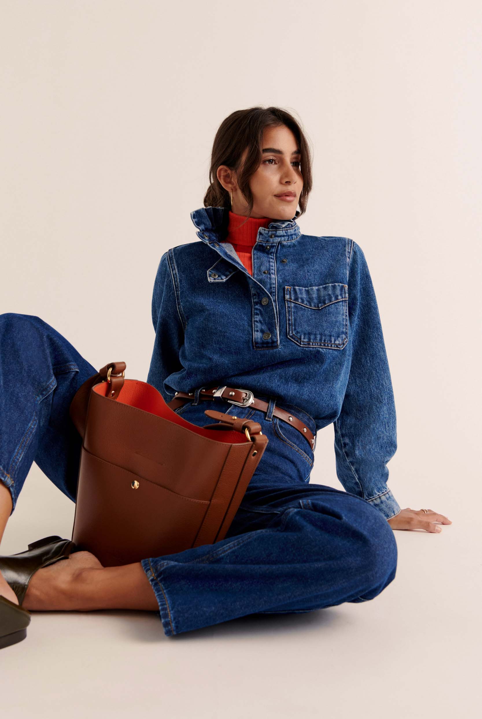 Sac Sofia grainé cognac intérieur orange