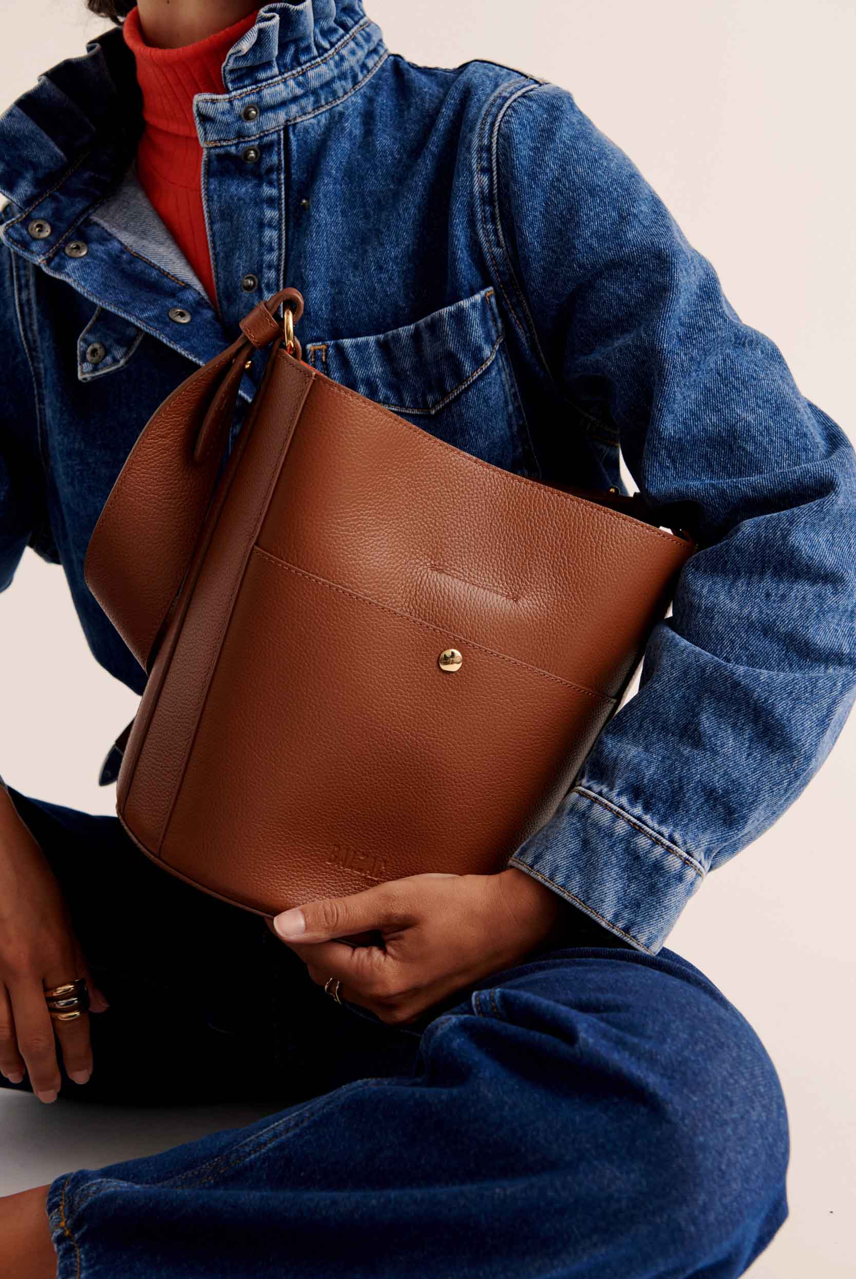 Sac Sofia grainé cognac intérieur orange