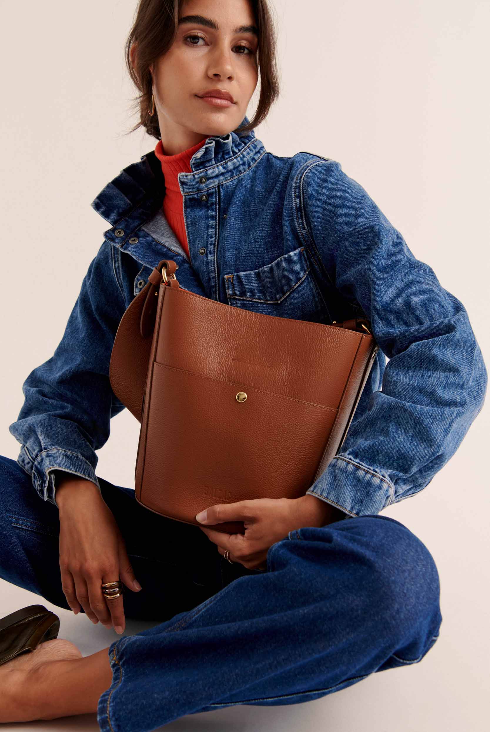 Sac Sofia grainé cognac intérieur orange