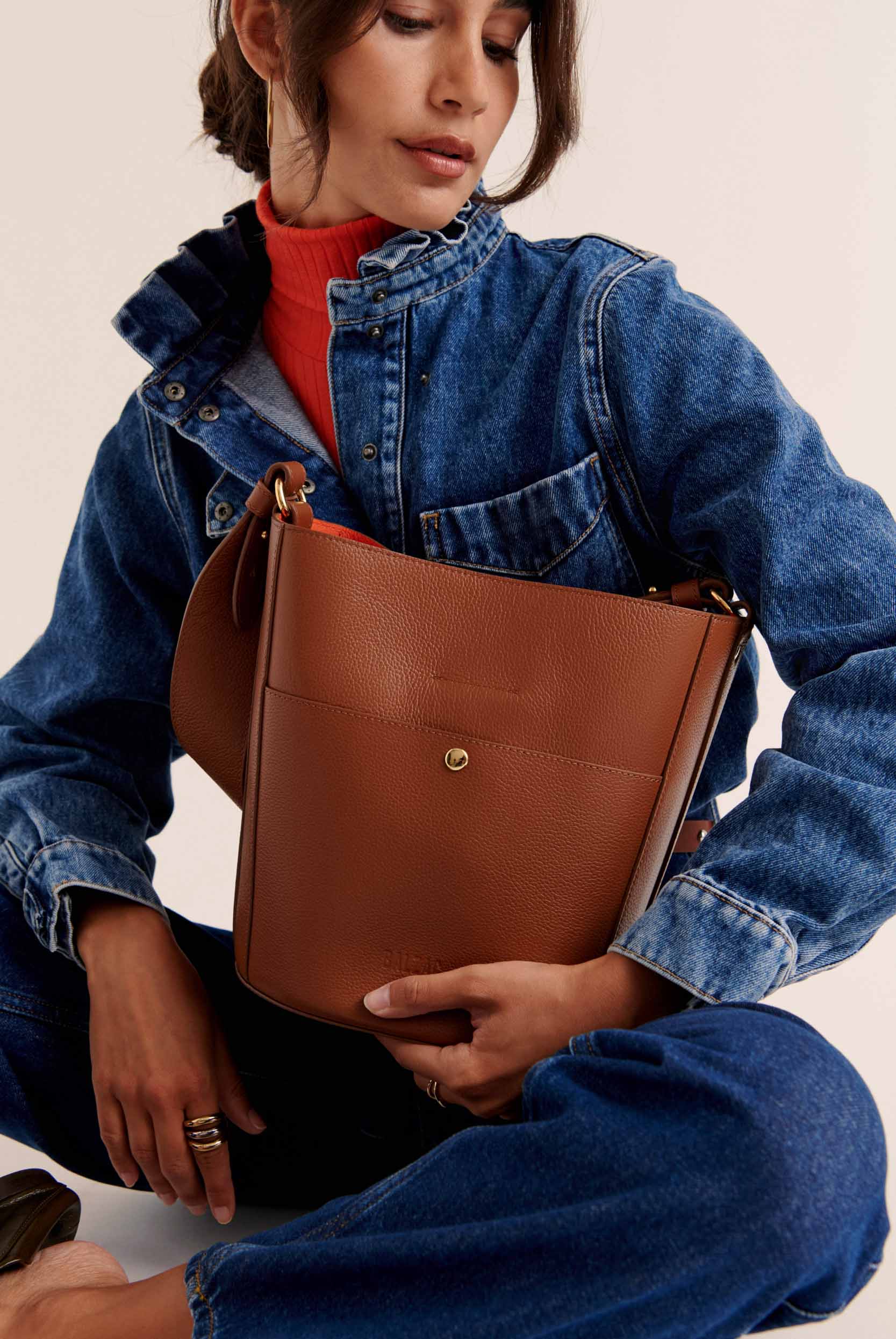 Sac Sofia grainé cognac intérieur orange