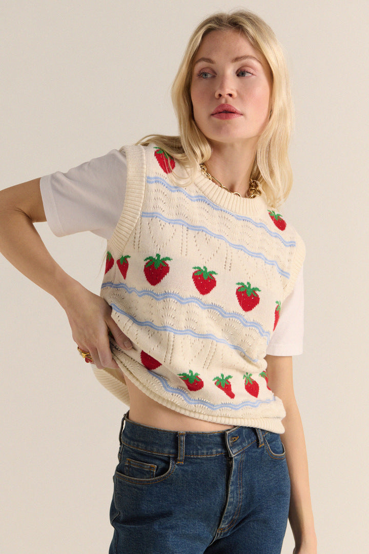 Pull Priska écru et fraises rouges