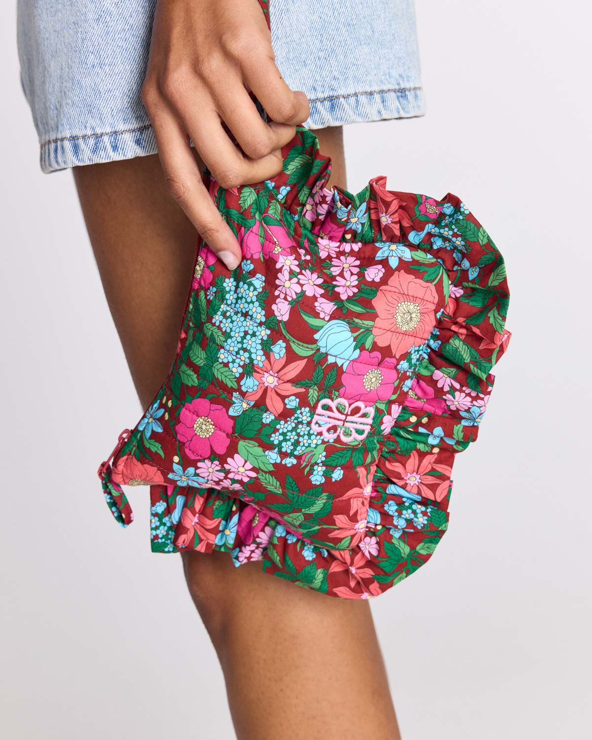 Pochette Carline imprimé Liberty rose et bordeaux