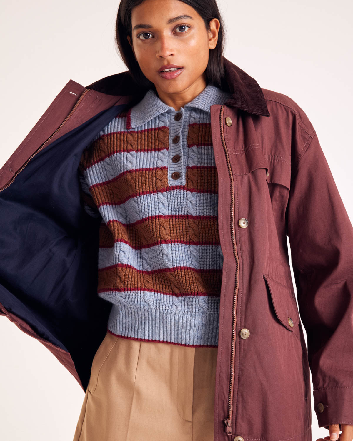Pull Isidore rayures bleu, cannelle et bordeaux