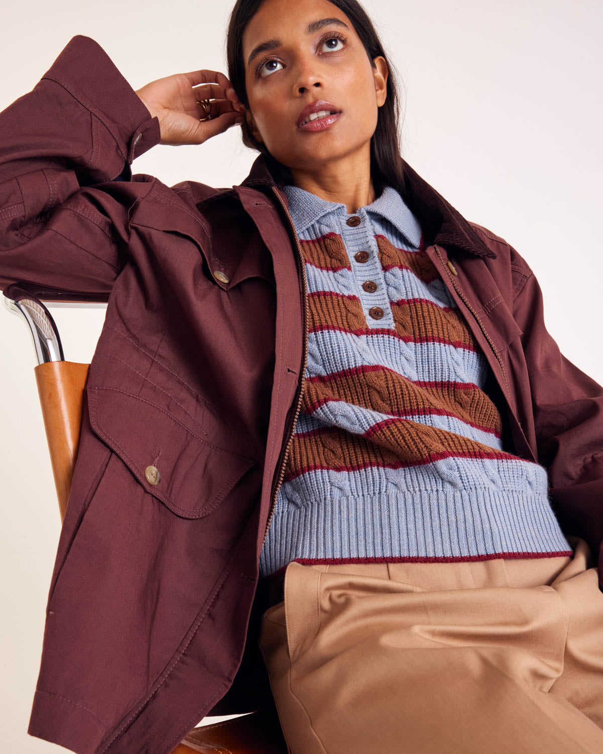 Pull Isidore rayures bleu, cannelle et bordeaux