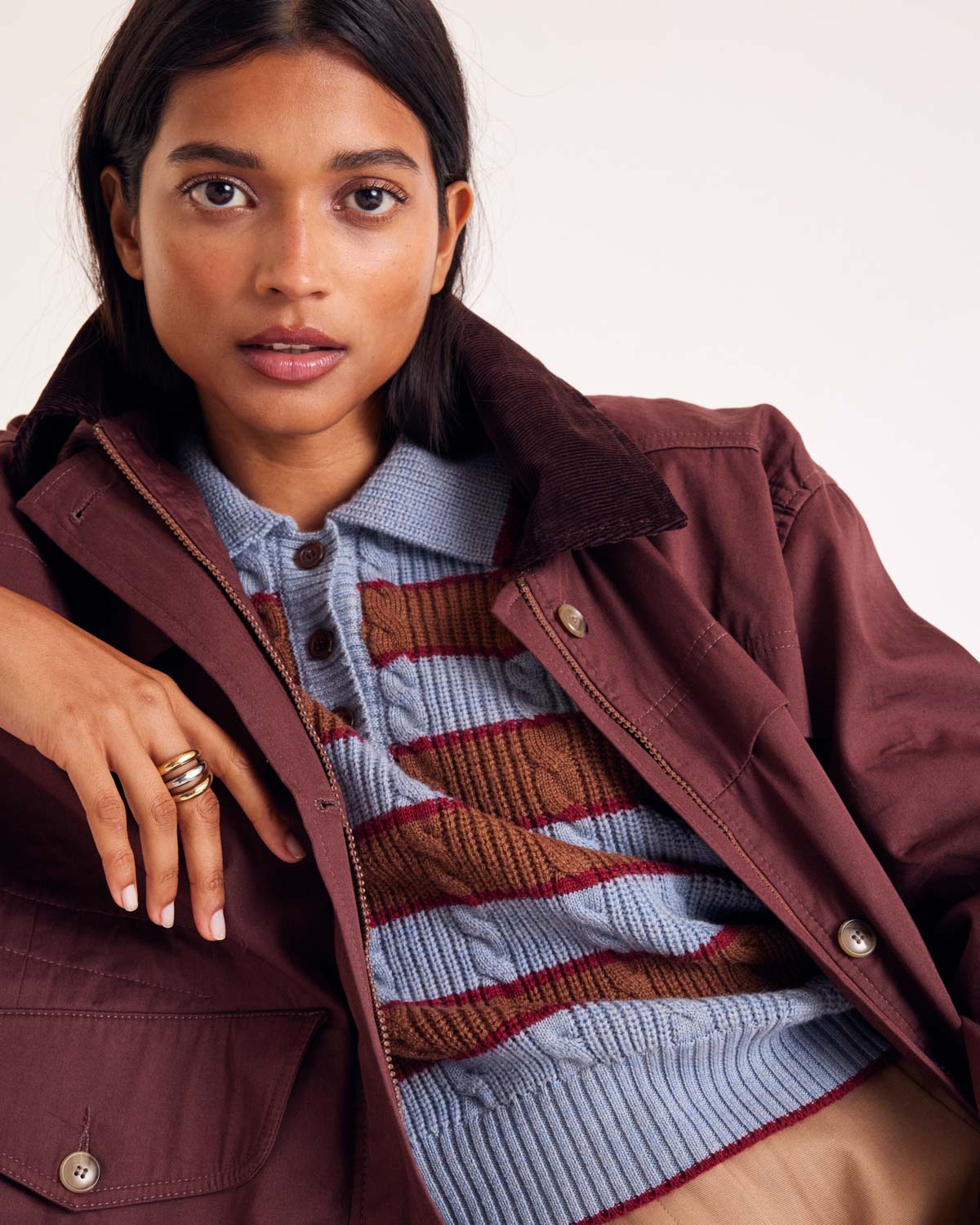Pull Isidore rayures bleu, cannelle et bordeaux