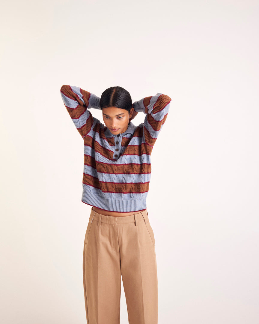 Pull Isidore rayures bleu, cannelle et bordeaux