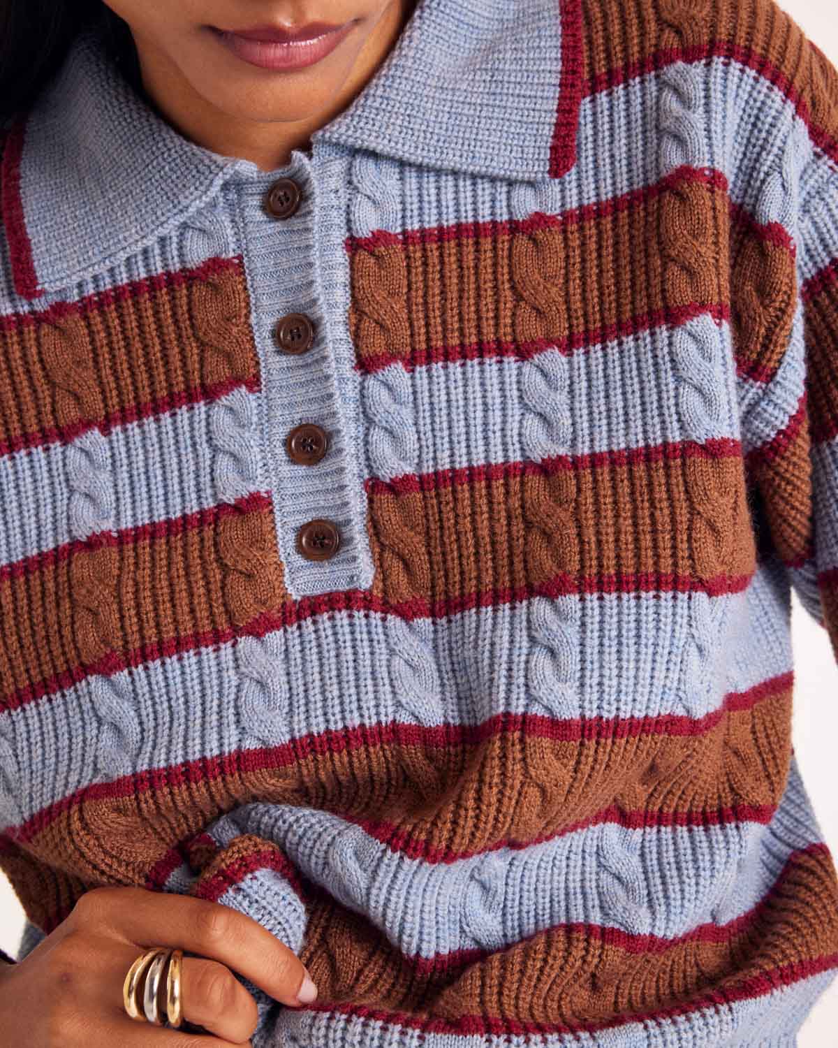 Pull Isidore rayures bleu, cannelle et bordeaux
