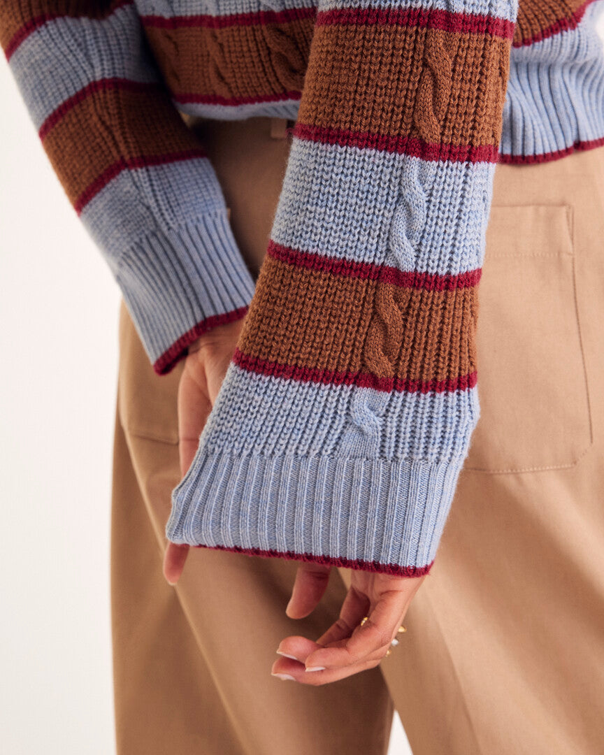 Pull Isidore rayures bleu, cannelle et bordeaux