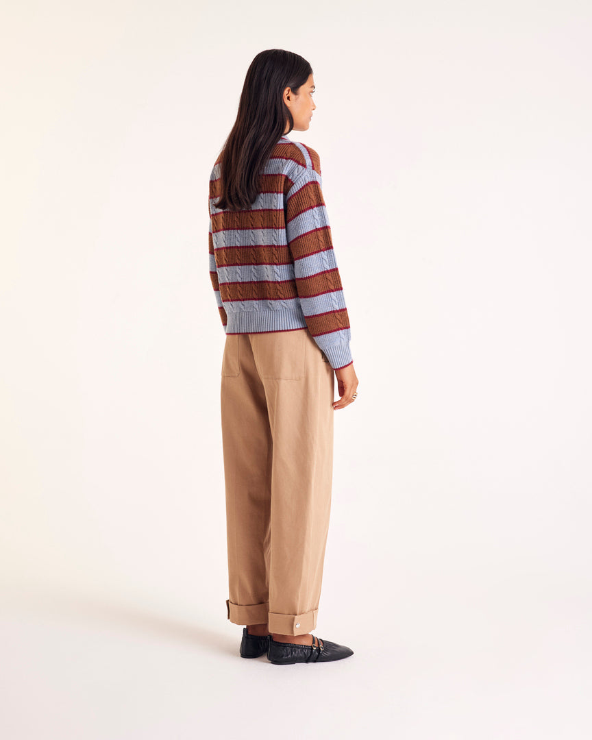 Pull Isidore rayures bleu, cannelle et bordeaux