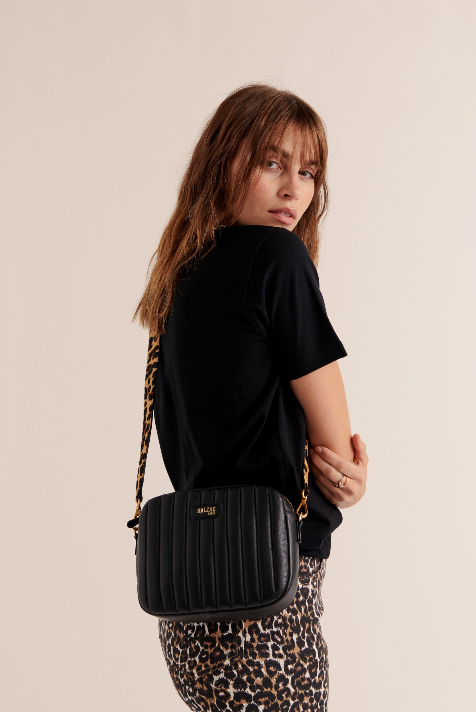 Sac César noir anse léopard