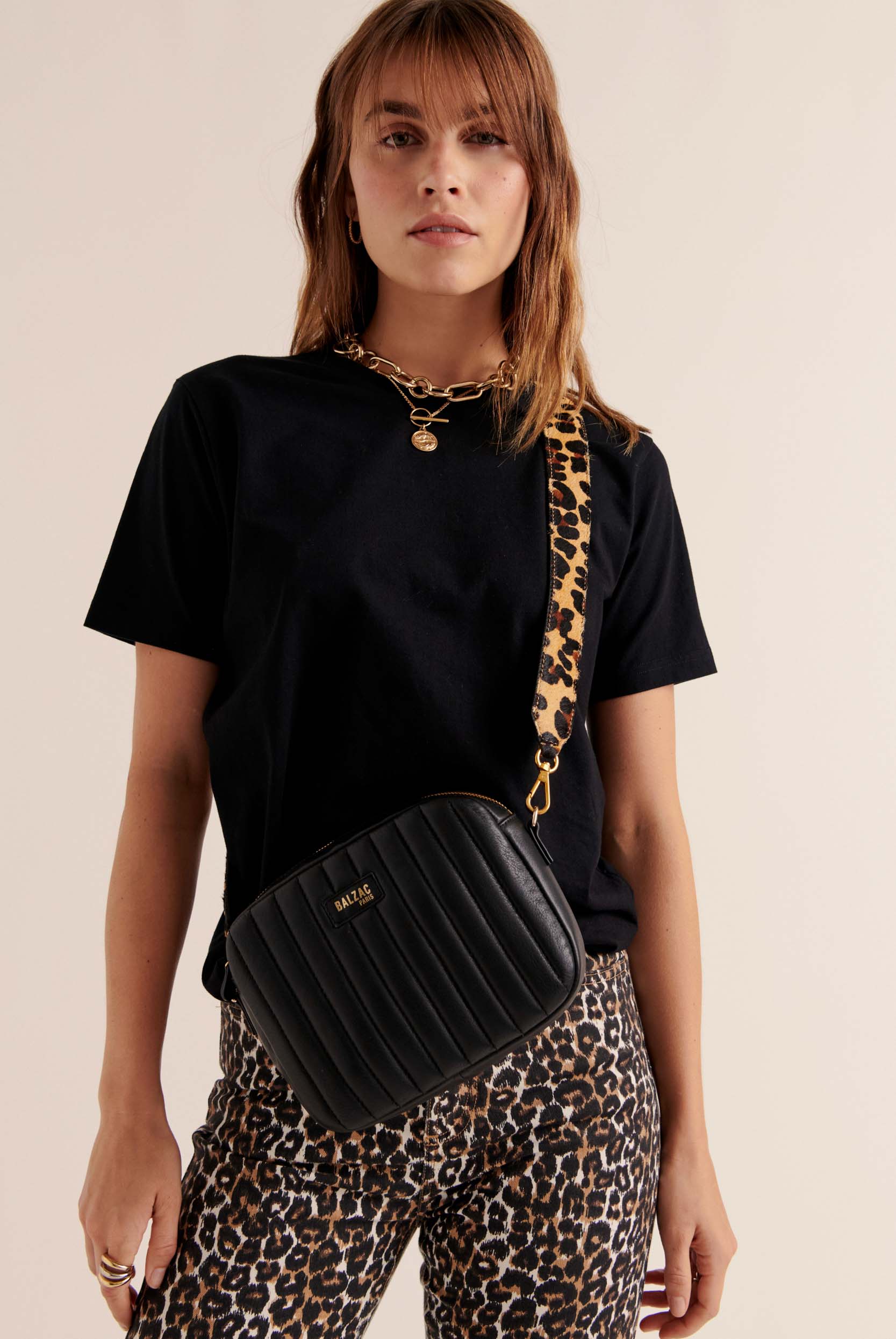 Sac César noir anse léopard