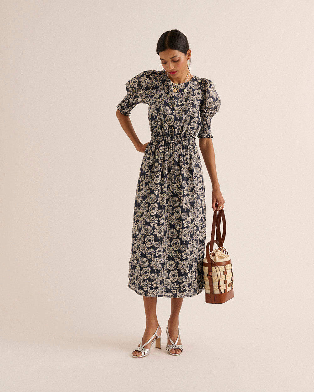 Robe Célesta imprimé flower party rayures marine et écru