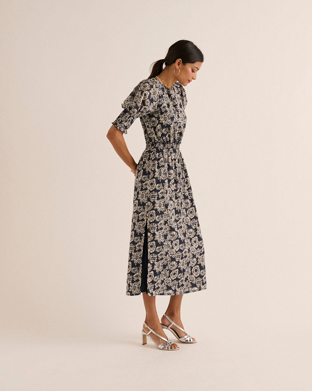 Robe Célesta imprimé flower party rayures marine et écru