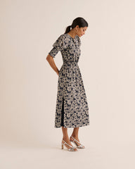 Robe Célesta imprimé flower party rayures marine et écru