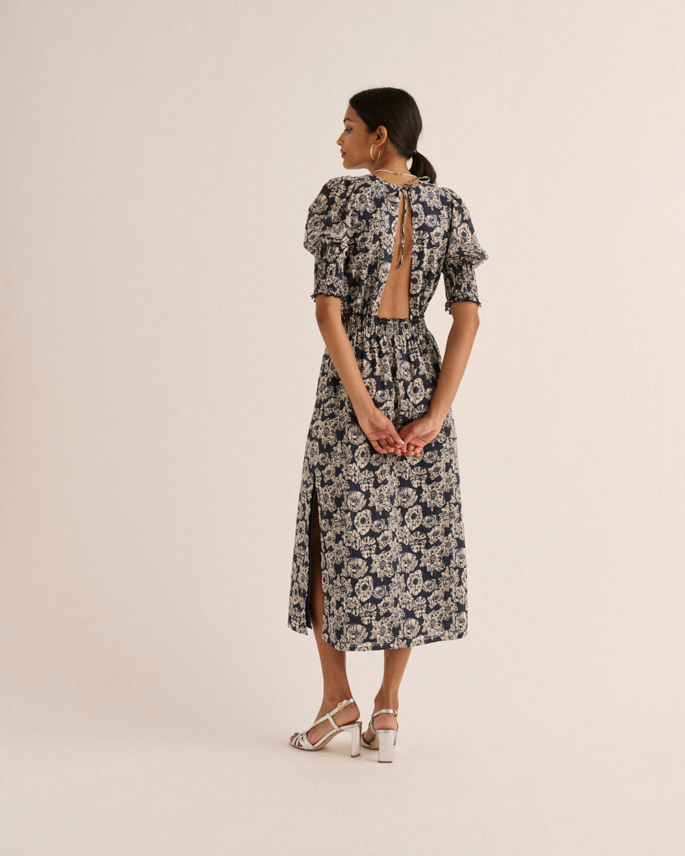 Robe Célesta imprimé flower party rayures marine et écru