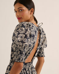 Robe Célesta imprimé flower party rayures marine et écru