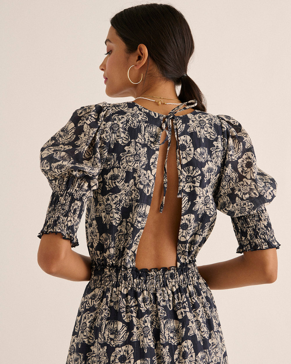 Robe Célesta imprimé flower party rayures marine et écru