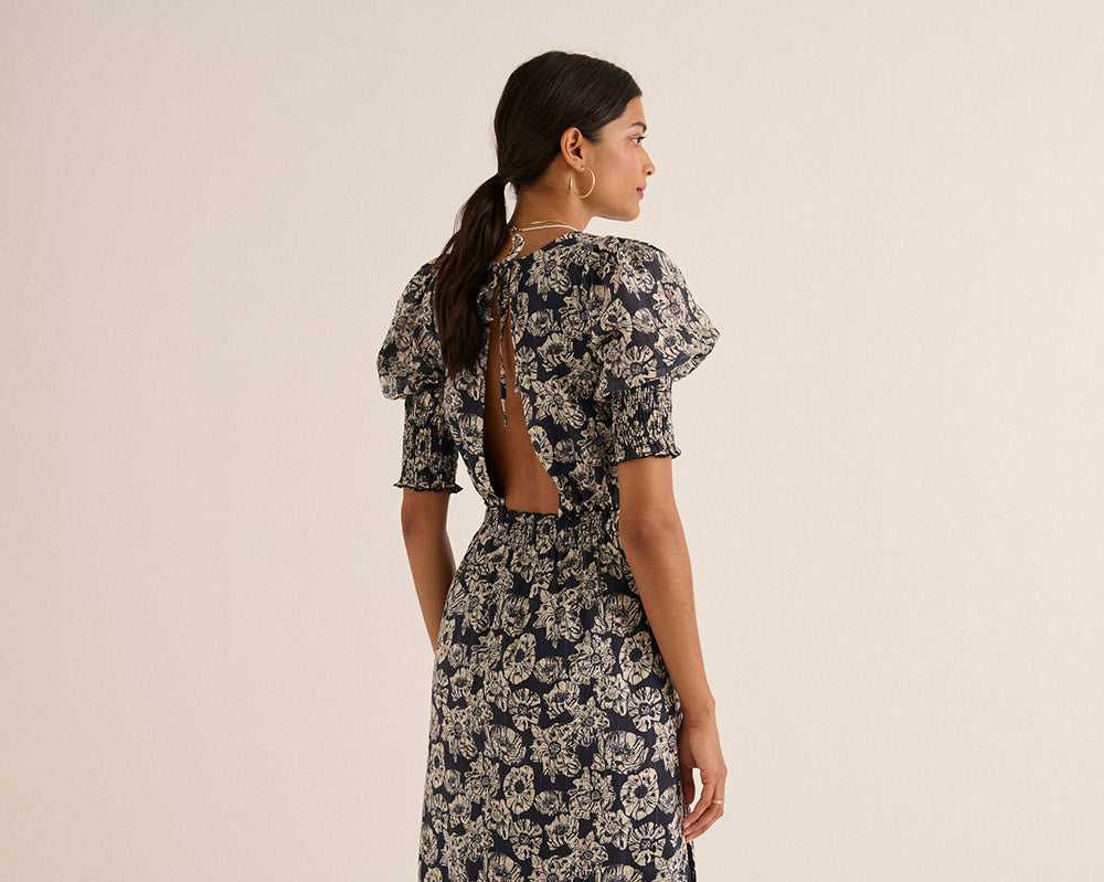 Robe Célesta imprimé flower party rayures marine et écru