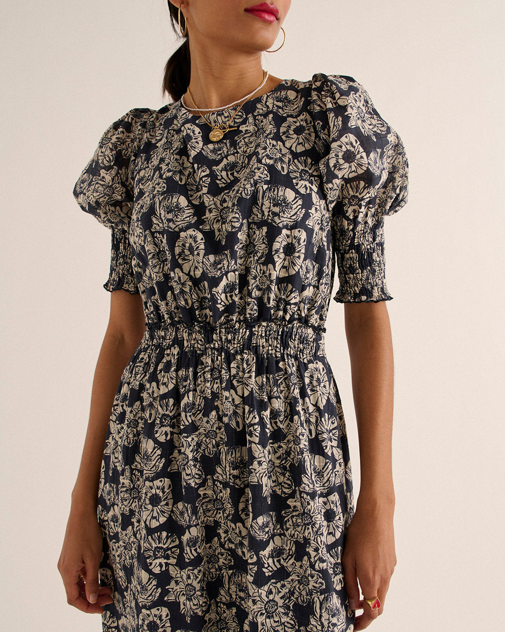 Robe Célesta imprimé flower party rayures marine et écru