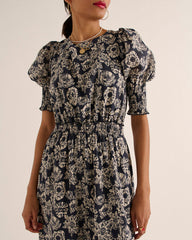 Robe Célesta imprimé flower party rayures marine et écru