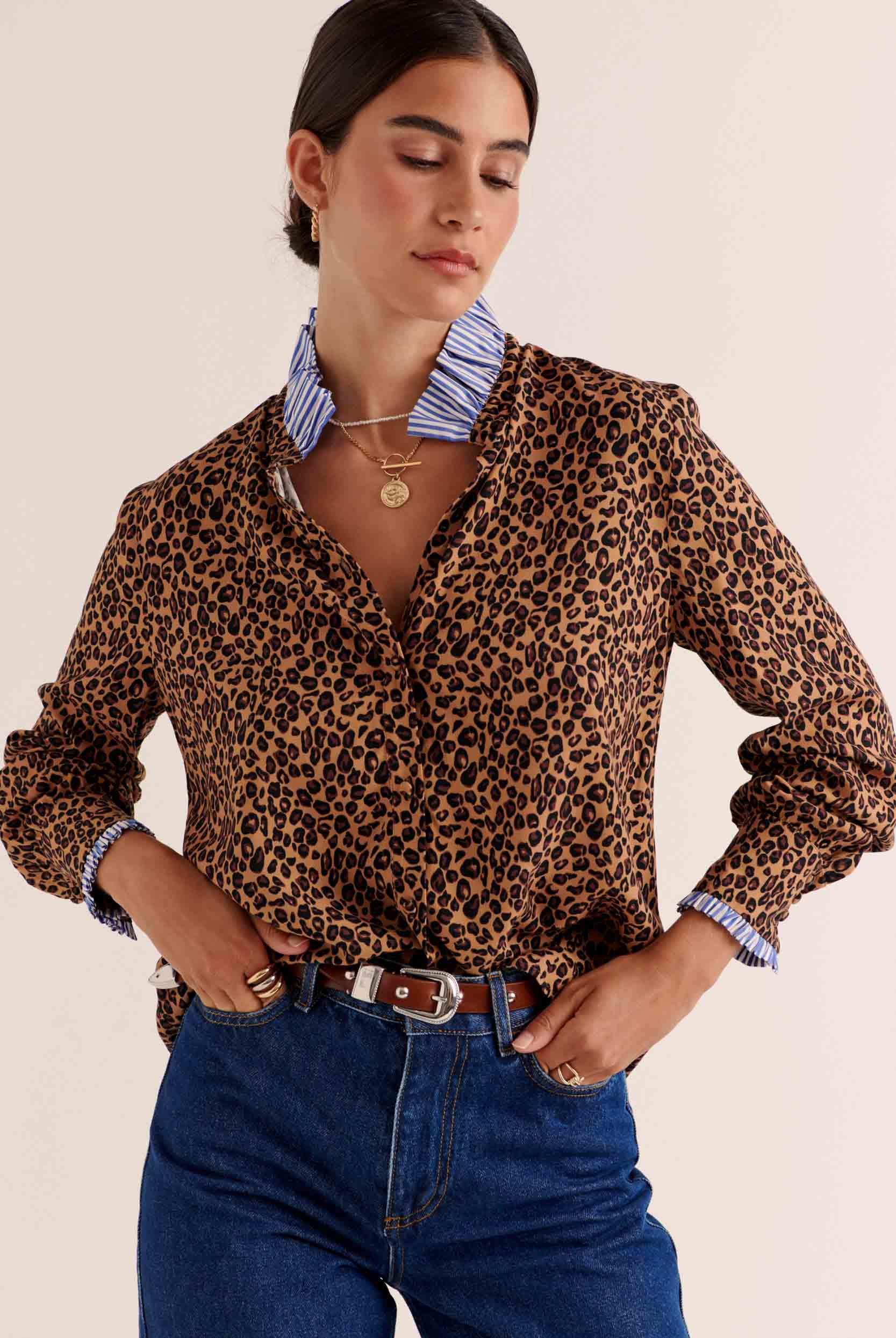 Chemise Mina léopard et rayures bleu