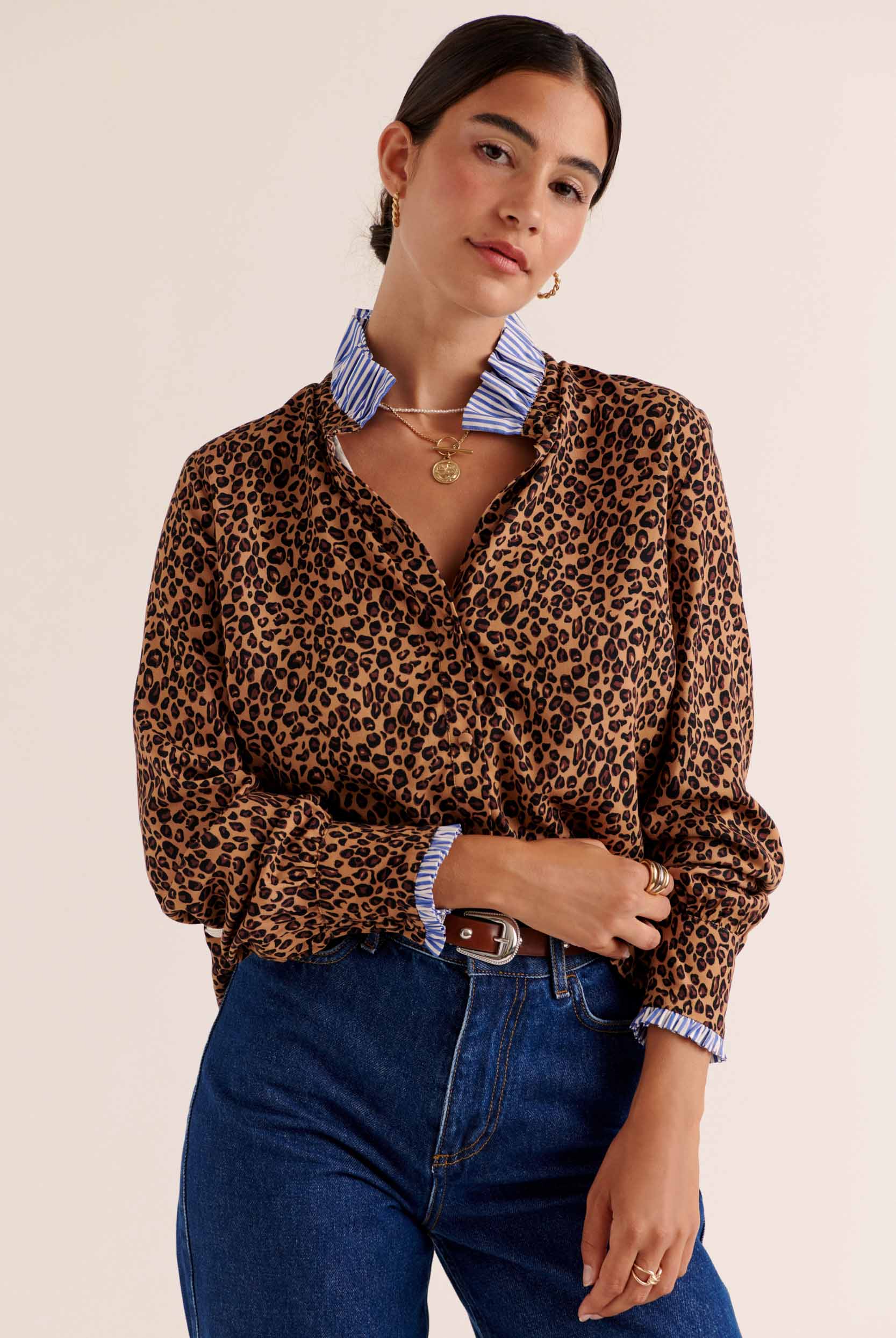 Chemise Mina léopard et rayures bleu