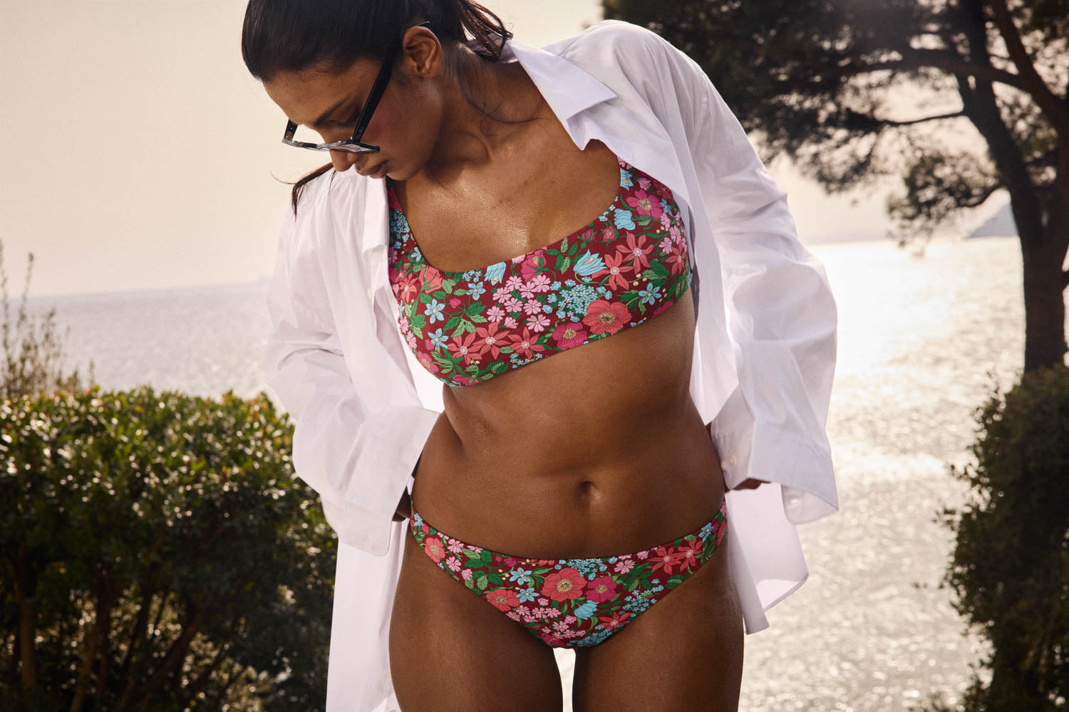 Haut de maillot de bain Nova imprimé Liberty rose et bordeaux