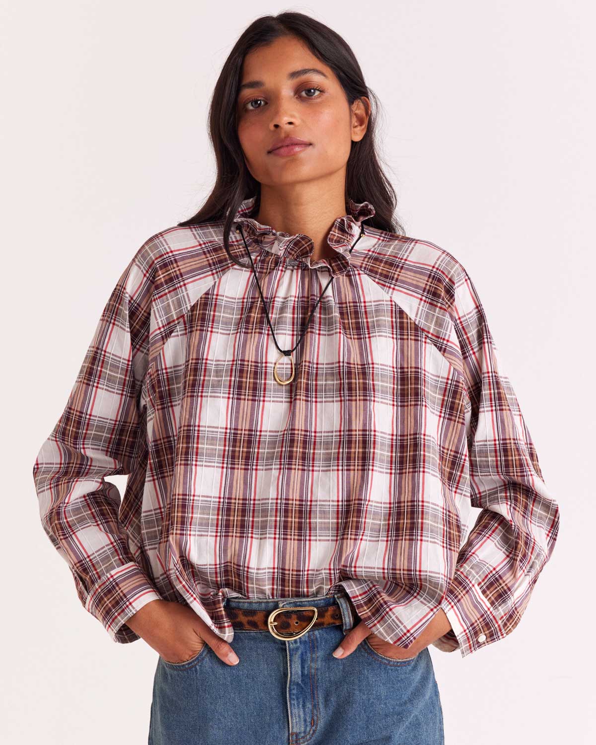 Blouse Zoelie tartan rouge et beige