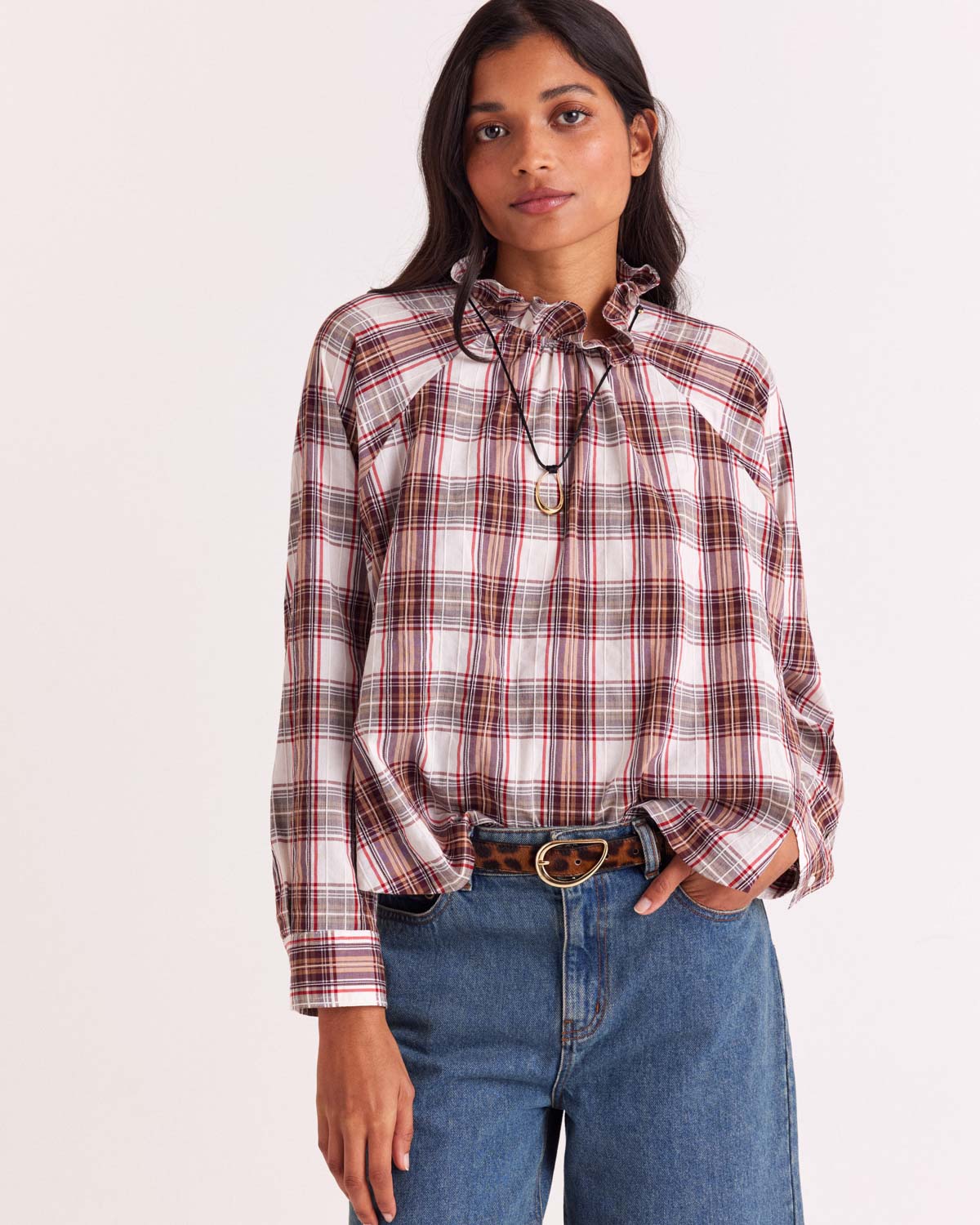 Blouse Zoelie tartan rouge et beige