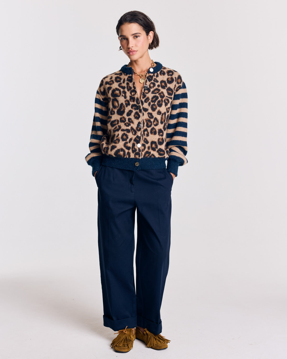 Cardigan Idole bleu et léopard