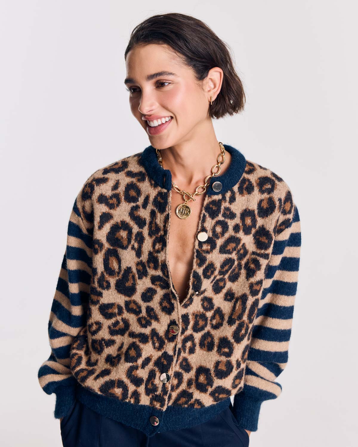 Cardigan Idole bleu et léopard