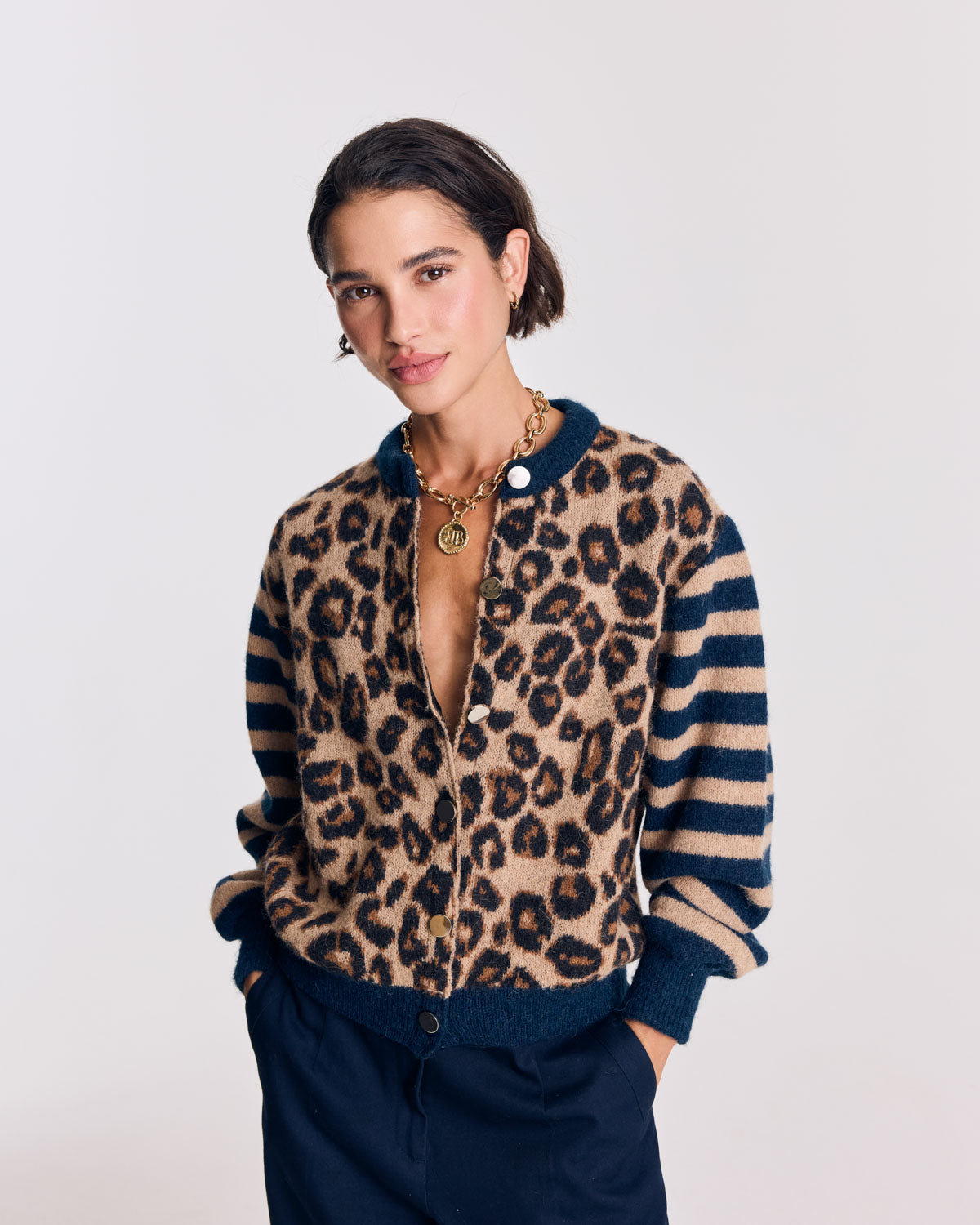 Cardigan Idole bleu et léopard