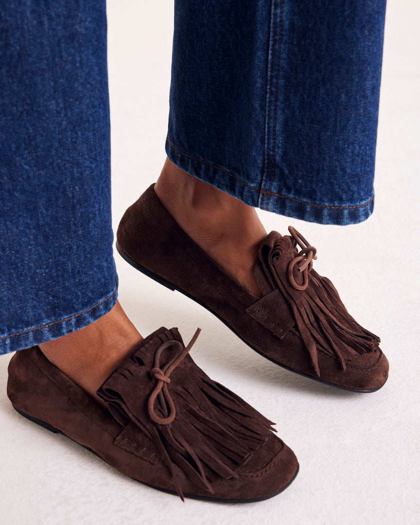 Mocassins Alix franges croûte de cuir moka