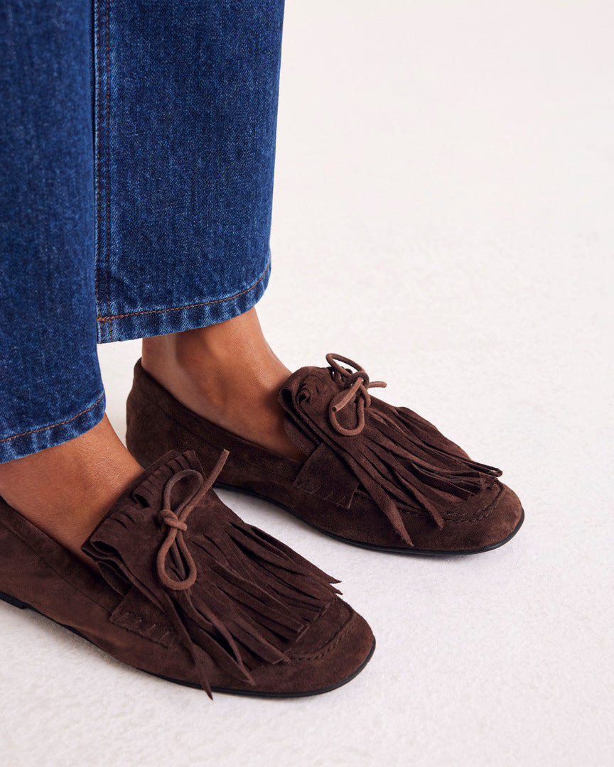 Mocassins Alix franges croûte de cuir moka