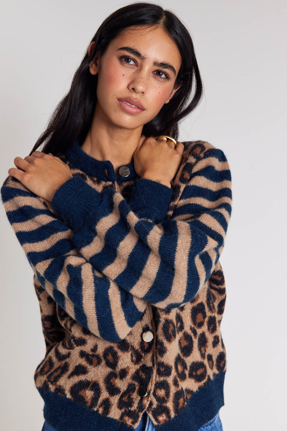 Cardigan Idole bleu et léopard