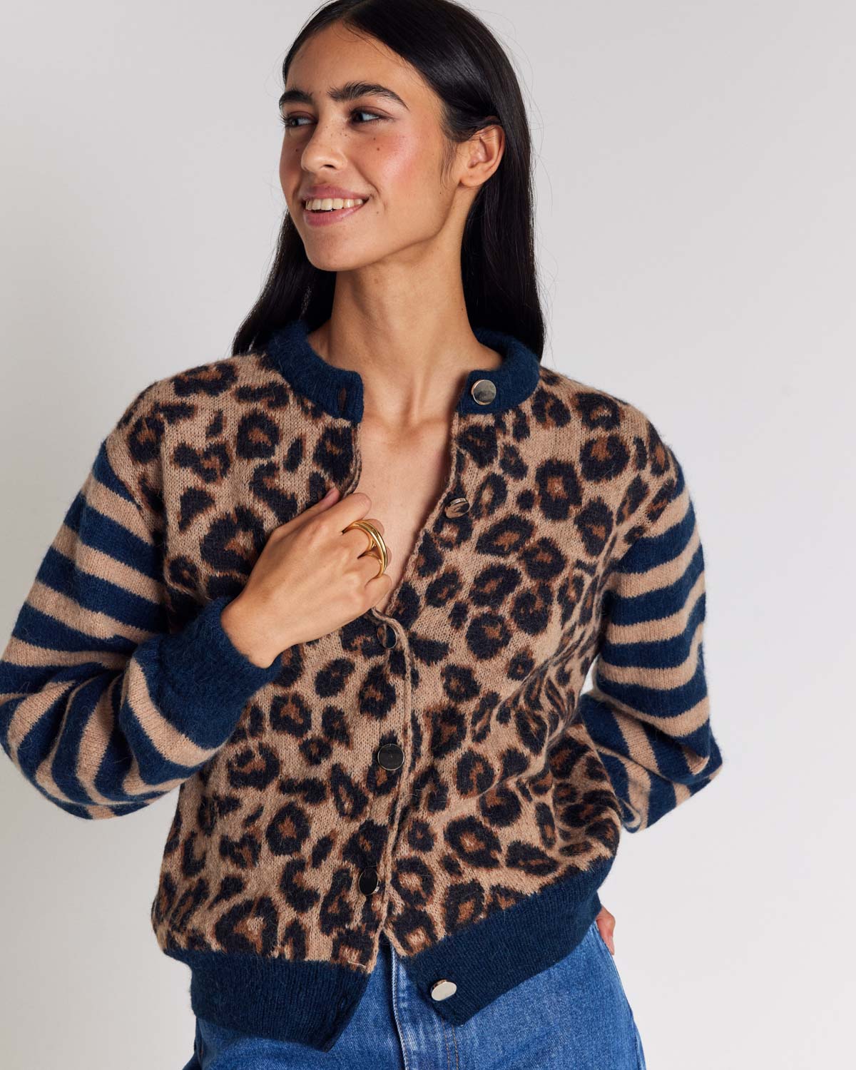 Cardigan Idole bleu et léopard