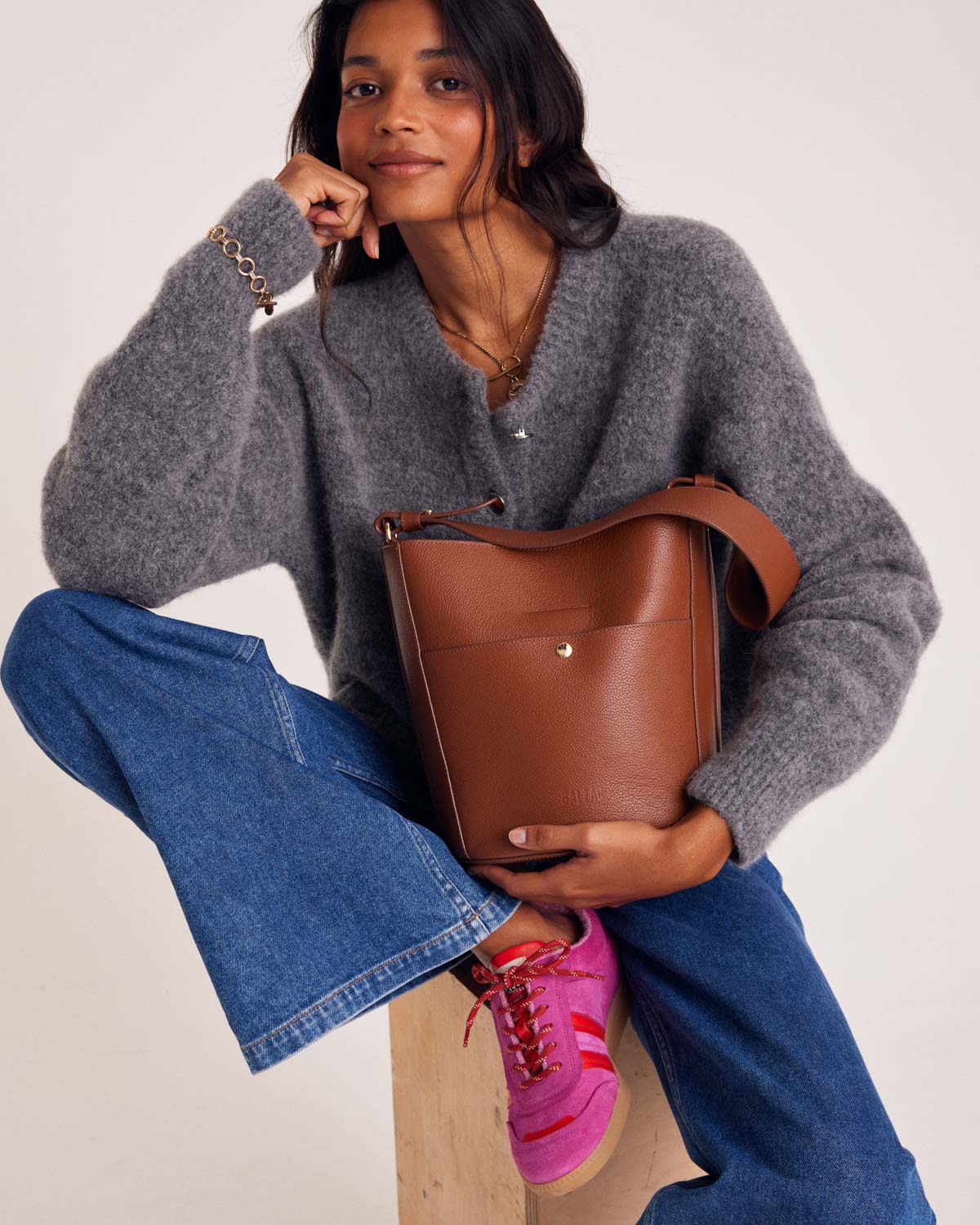 Sac Sofia grainé cognac intérieur orange