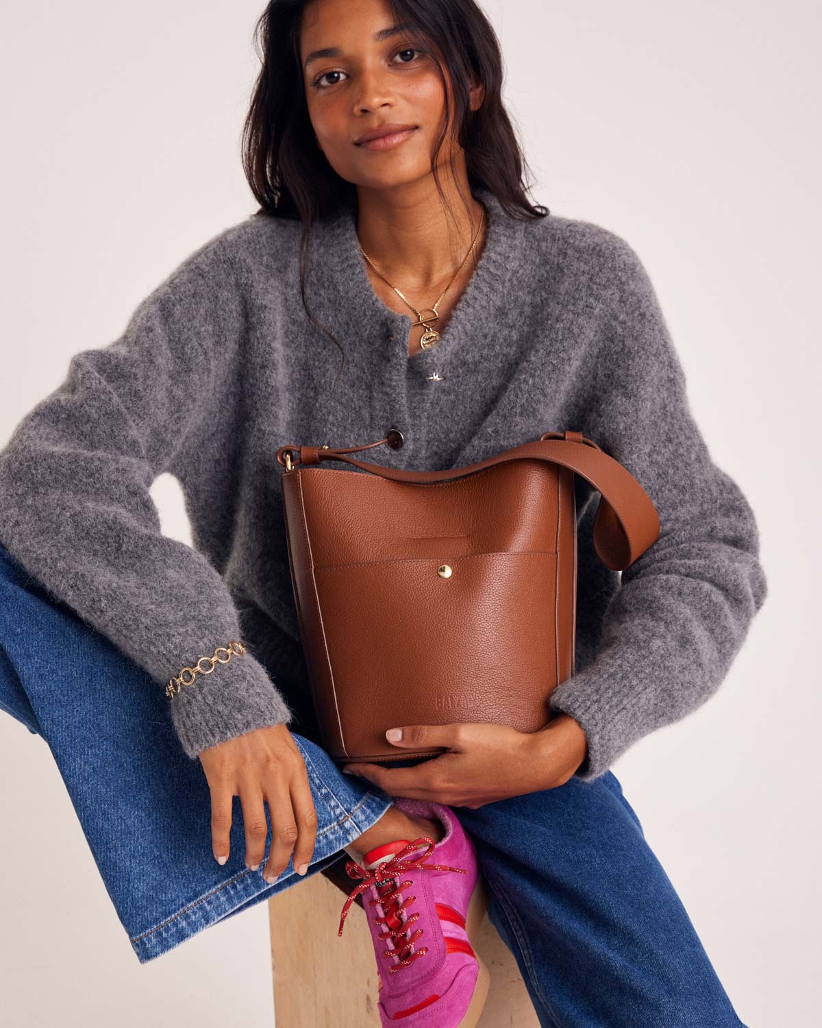Sac Sofia grainé cognac intérieur orange