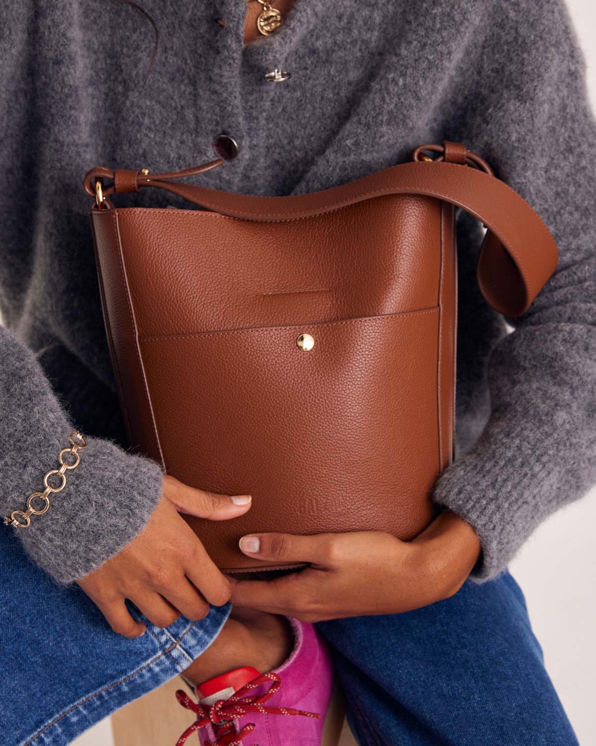 Sac Sofia grainé cognac intérieur orange