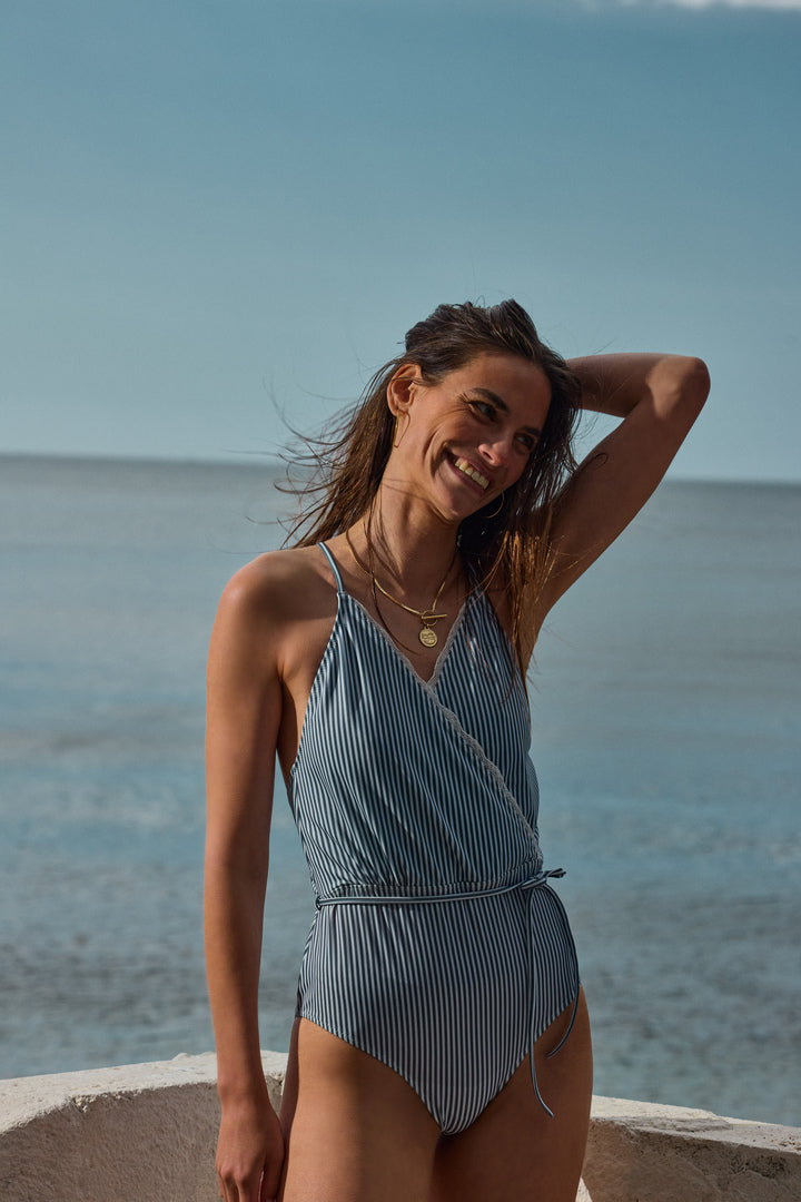 Maillot de bain Roman à rayures bleu ciel et écru