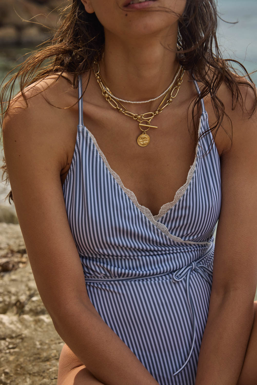 Maillot de bain Roman à rayures bleu ciel et écru