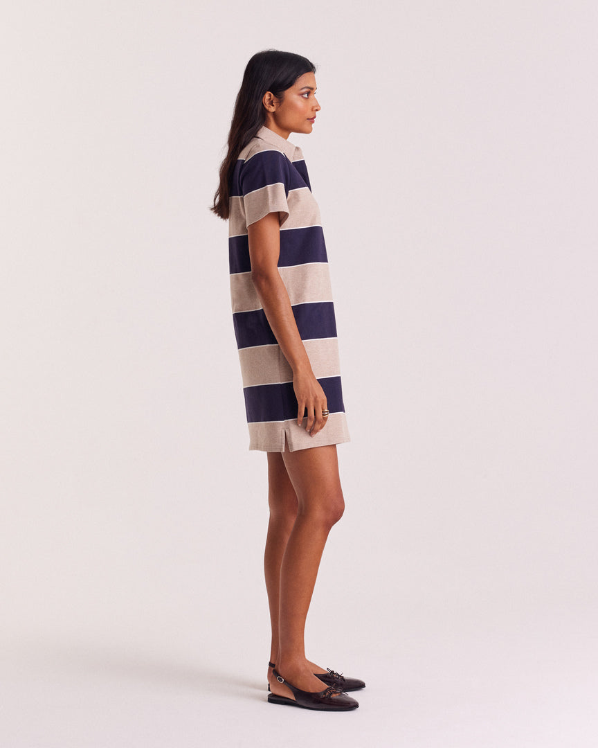 Robe polo Paula rayures marine et beige chiné