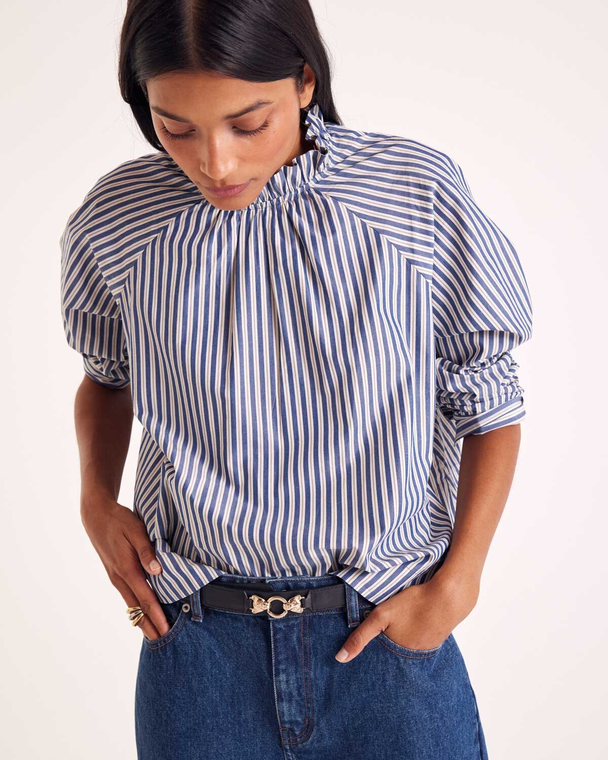 Blouse Zoé rayures marine, écru et gris