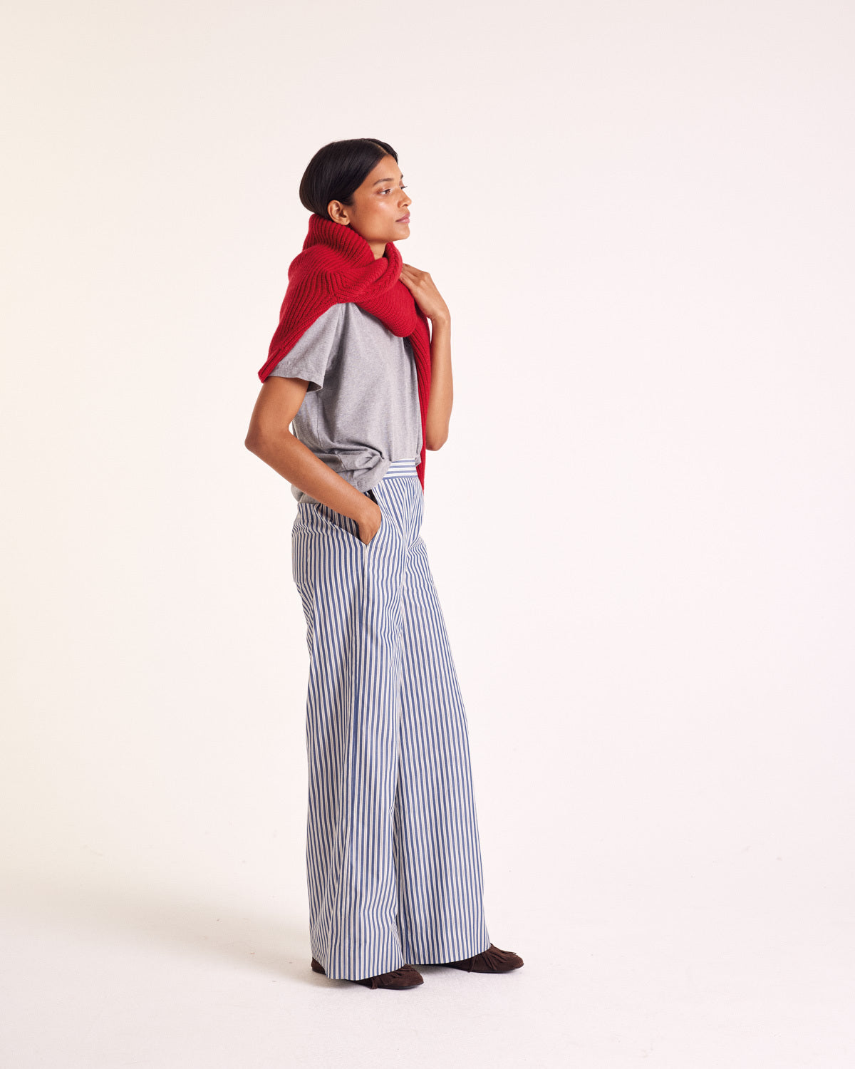 Pantalon Alphonse rayures marine, écru et gris