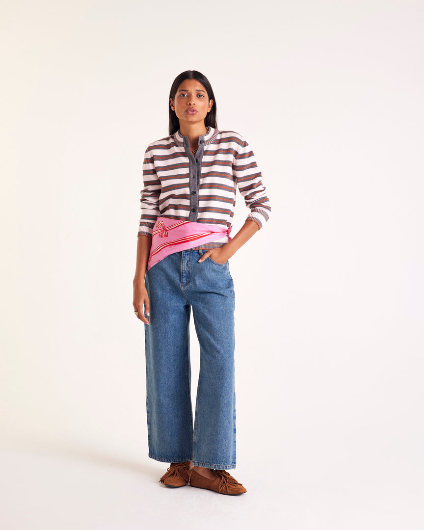 Cardigan Clarisse rayures gris, rose et cannelle