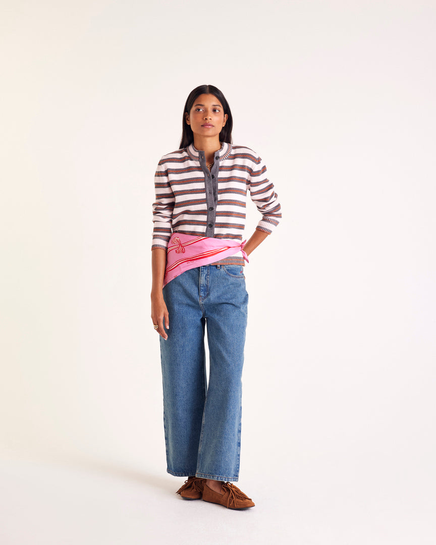 Cardigan Clarisse rayures gris, rose et cannelle
