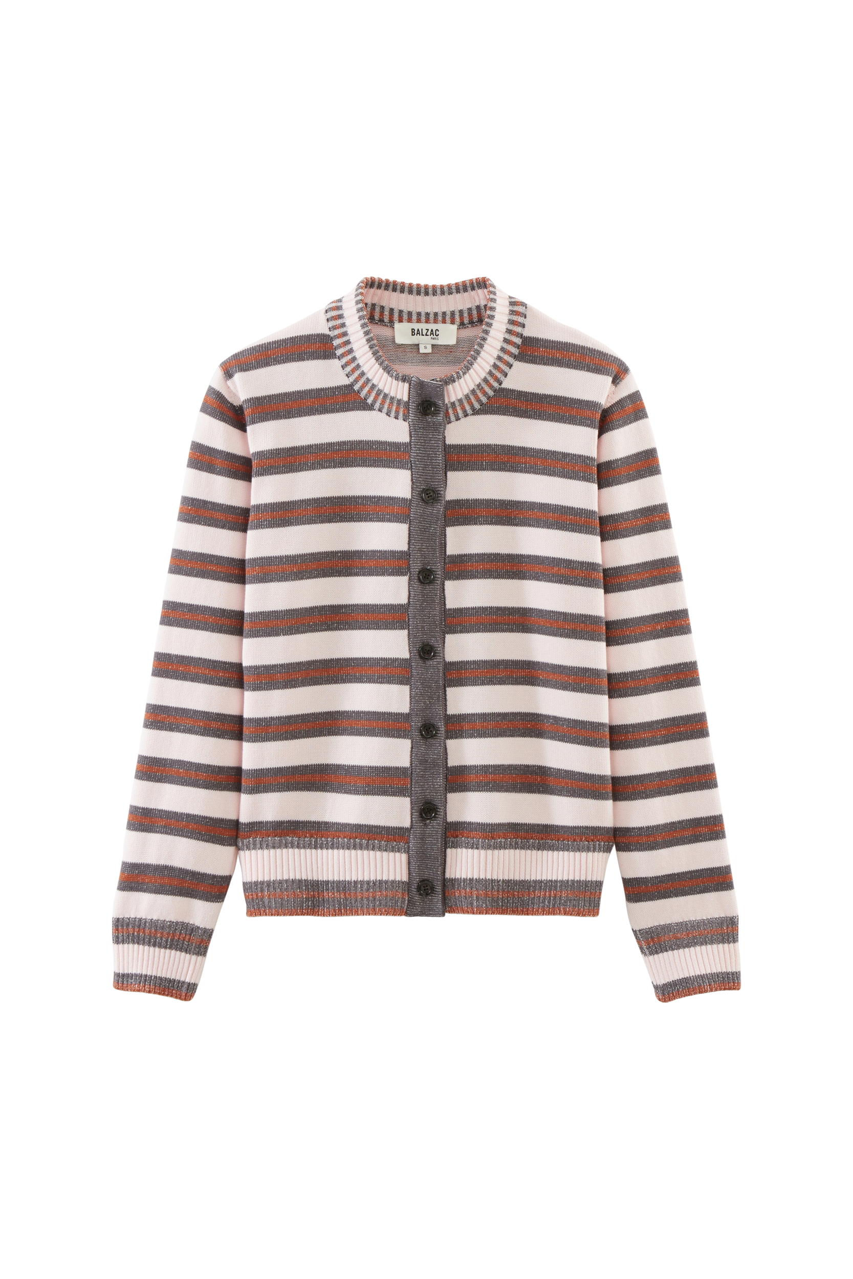 Cardigan Clarisse rayures gris, rose et cannelle