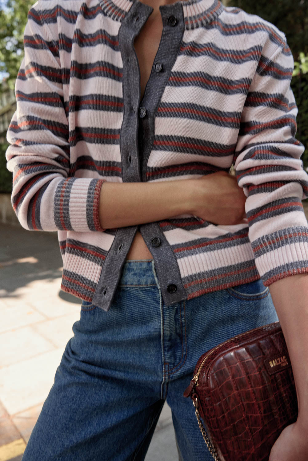 Cardigan Clarisse rayures gris, rose et cannelle