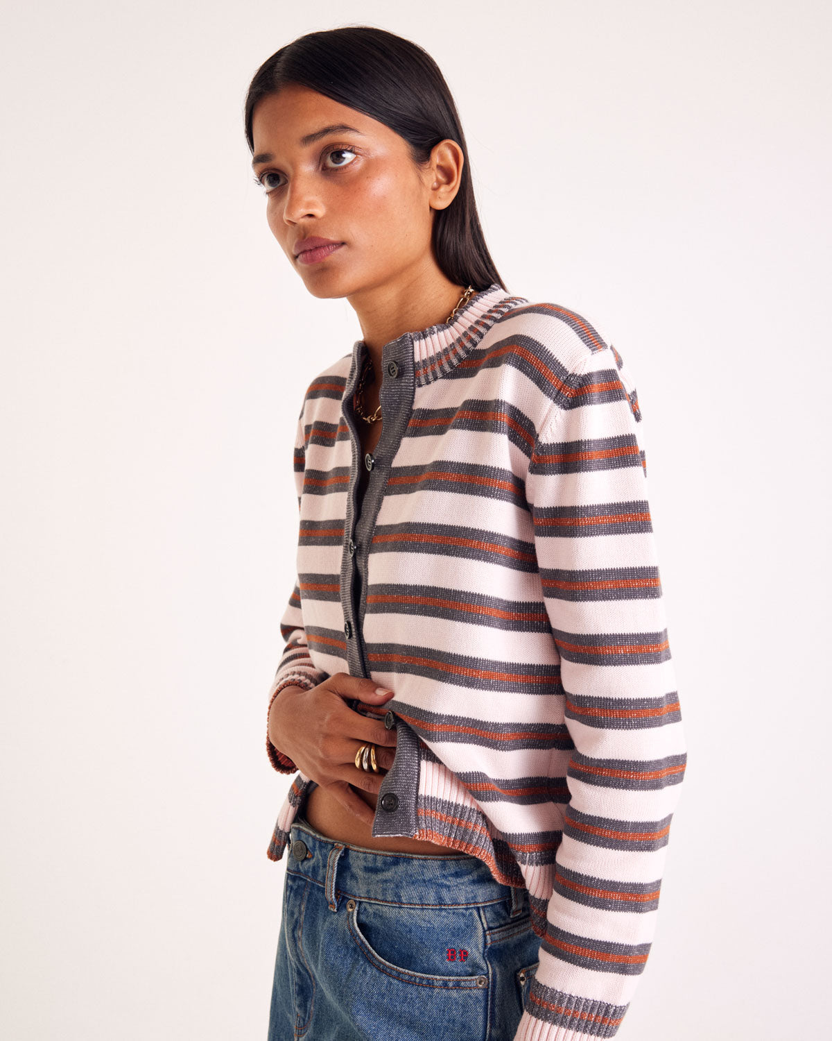 Cardigan Clarisse rayures gris, rose et cannelle